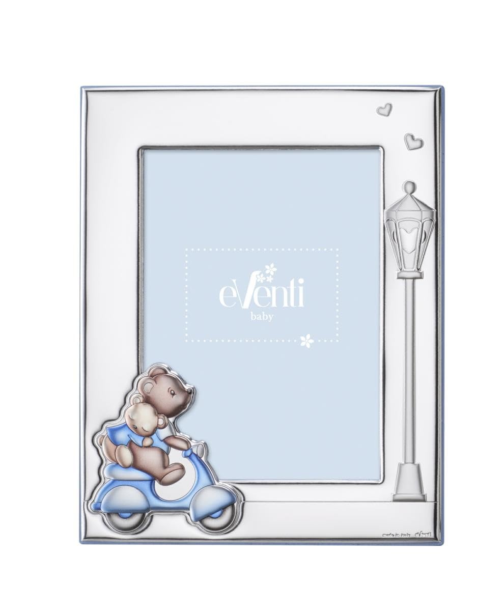 Generico Eventi Baby Bilderrahmen aus Silber mit Teddybär auf Vespa, 9 x 13 cm, Dekoration Laterne und Herzen