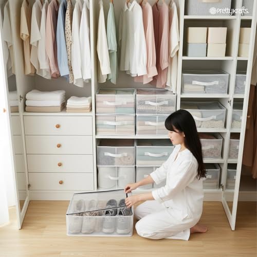 Image of PrettyKrafts Shoe Storage Box, Clear Plastic Stackable Shoe Box, Space Saving Foldable Multipurpose Storage Organizer for Shoes & Blankets, Clothes, UnderBed & Closet Storage (62 x 33 x 34 cm)