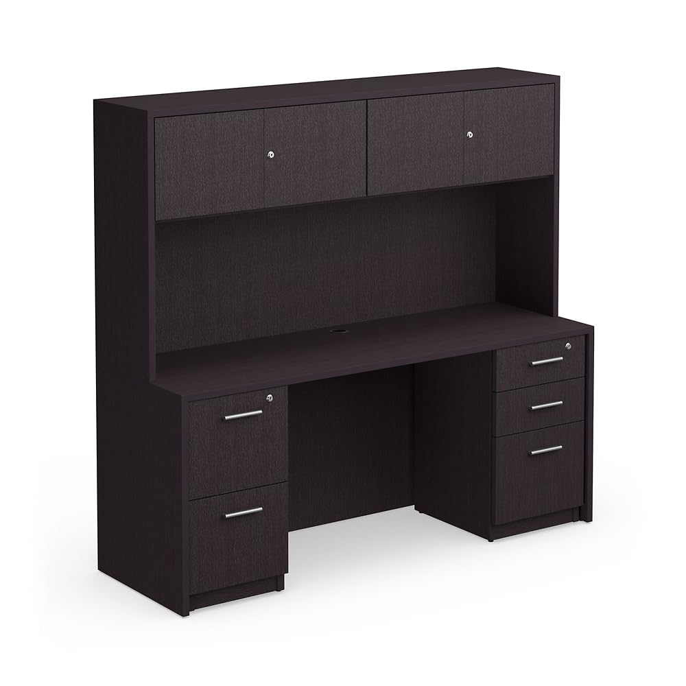 NBF Credenza and Hutch Set - Espresso Laminate | 71" W x 23" D, Lockable Drawers, Office Organization