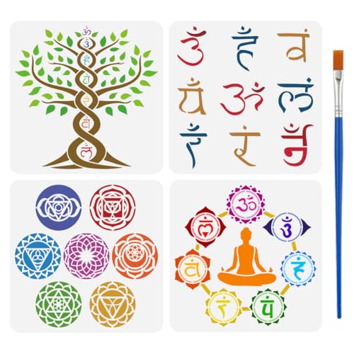 FINGERINSPIRE 4 Styles Religious Themes Stencils with a Brush 11.8x11.8Inch Chakra Symbols Painting Stencil Yoga Pattern Template PET Tree of Life Om Symbols Template for Wood Wall Floor Tiles