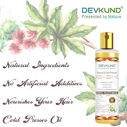 Image of Devkund Cold Pressed 100% Pure Castor (Arandi) Oil for Skin & Hair With Vitamin E, Omega-6 & 9, Mineral Free & Preservative Free (200 ml)