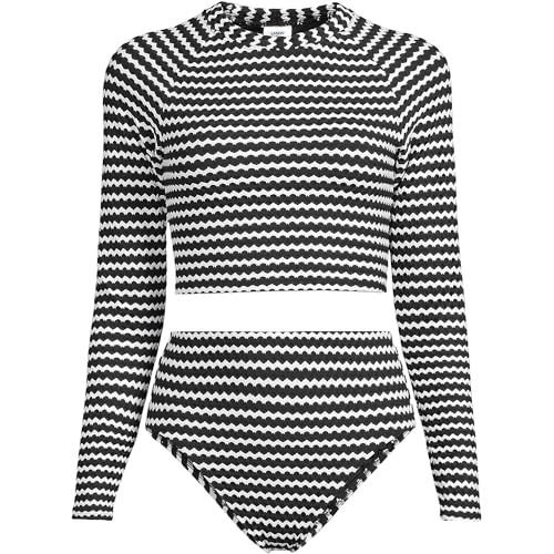 Lands' End Women's Crochet Long Sleeve Bikini Top and High Waisted Bottoms Swimsuit Set Large Black/White3