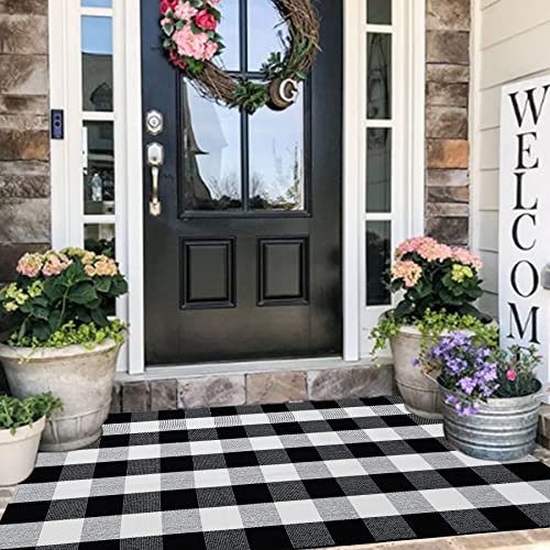 Ckorzen Cotton Buffalo Plaid Rug 3X5 Ft Outdoor Black And White Check Rug Retro Lattice Checkered Rugs Reversible Woven Washable Front Porch Rugs For Layered Front Door Mats #TOP2