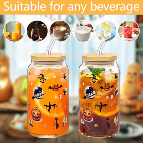 Halloween Tasse, 500ml Trinkbecher mit Deckel und Strohhalm, Kürbis Glas, Halloween Becher Gläser,Trinkglas, Herbst Kürbis Geist Glas Tasse für Frauen Halloweens Thanksgiving Party Geburtstag Geschenk