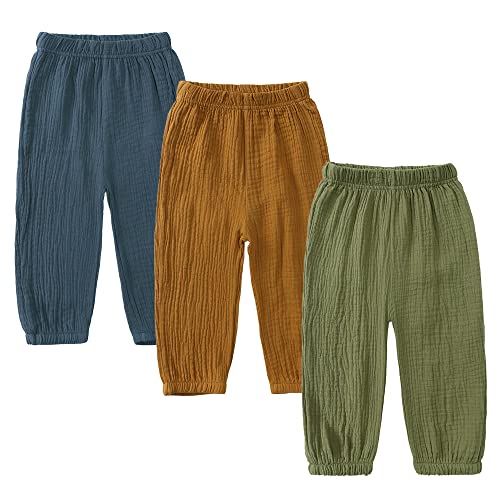 Image of Kids Tales 3 Pack Boys Girls Cotton Linen Pants Child Basic Plain Solid Trousers Big Kids Elastic Waist Long Pants Bloomers