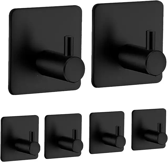 Self-Adhesive Wall Hooks, 6-Pack Stainless Steel No-Drill Towel Hooks for Bathroom & Kitchen