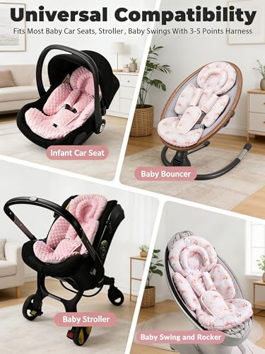 Image of TinlyFinly Infant Car Seat Insert with Extra Cushion for Preemie to Toddler, Reversible Newborn Carseat Insert for Baby Head Body Support, Fits for Stroller, Baby Swing, Bouncer - Dots, Pink
