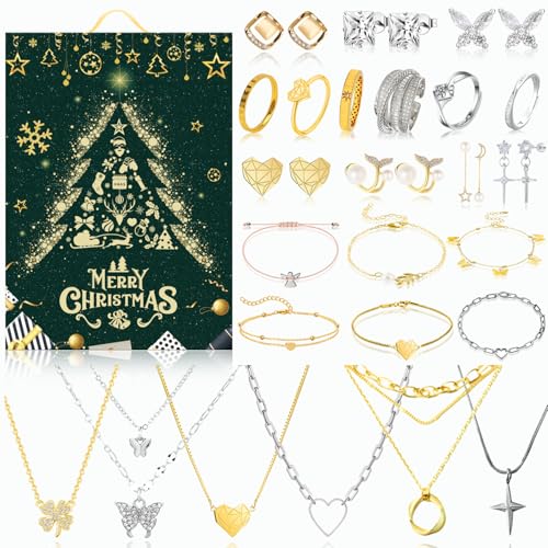 Schmuck Adventskalender 2025 für Mädchen & Frauen – luxuriöser Modeschmuck mit 24 edlen Überraschungen: Armband, Halskette, Ohrringe & Ringe – Weihnachtskalender Geschenk für Teenager & Damen