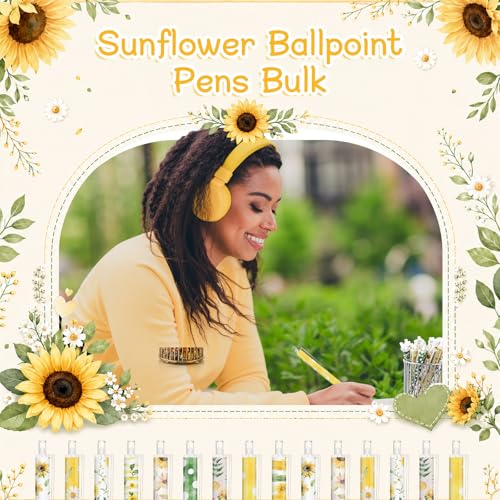 Image of Jetec 108 Pcs Sunflower Pens Bulk Ballpoint Pens Sets Stuff Aesthetic Retractable Office Supplies Gift for Student Teacher Writing Journal Planning Notepad Desk Decor for Women Men Nurse Staff