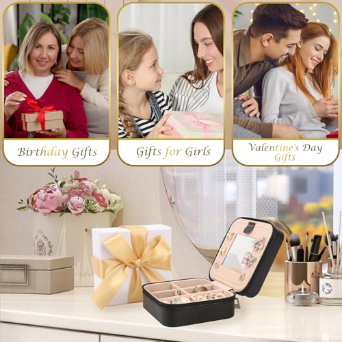 WALLFID Bow-Tied Geschenkdoos, sieradenkistje, cadeau voor dames, verjaardag, cadeaus voor dames, reissieradenkistje, zwart met spiegel, voor horloges, rozetten, oorbellen, halskettingen (H) - Afbeelding 3