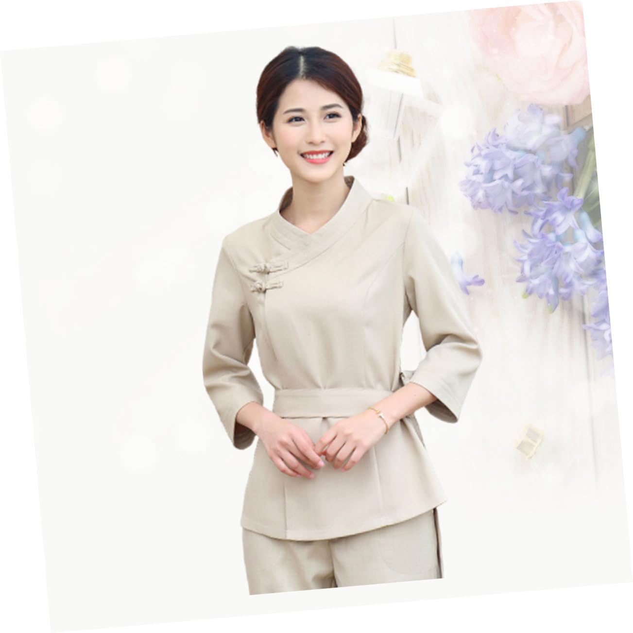 1set Beauty Technician Overalls for Spa and Salon Use Beige Work Suit Waist Strap Lightweight and Hair Dyeing Clothes Suitable for Summer and Spring Xxxl
