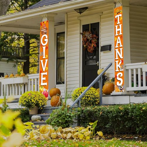 GIVE THANKS Hanging Banner Porch Sign Autumn Pumpkin Maple Leaf Backdrop Flag Fall Harvest Welcome Banner For Indoor Outdoor Wall Door Decoration Thanksgiving Party Decorations 72\"x12\"