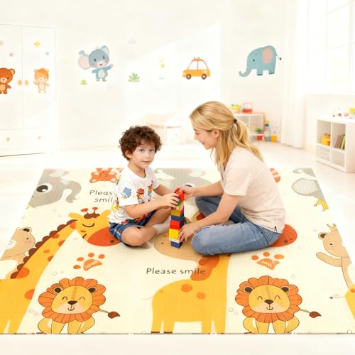 Soontrans Krabbelmatte Baby, Spielmatte Baby Faltbar, 200x180x1cm, Play Mat for Babies Doppelseitige, Schaumstoffmatt, Wasserdicht, Tragbar, Bodenmatte Kinder mit Aufbewahrungstasche (Tiere/Straßen)