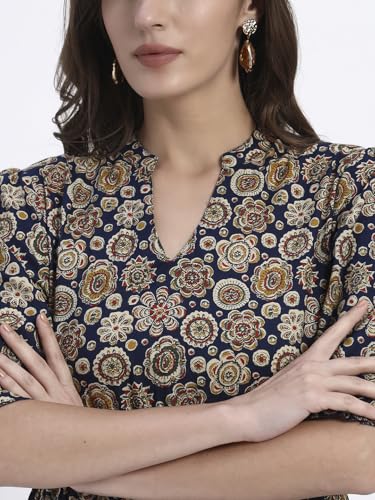 Image of Women's Fit and Flare Dress I Pure Cotton Long Summer Maxi Dress I V-Neck I Casual Wear I Printed Kalamkari Floral Middi