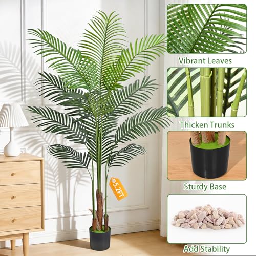 Image of Yastouay 5.2 FT Artificial Plants Indoor, Tall Plant Palm Tree with Weighted Planter, Tropical Fake Tree with Realistic Leaves & Trunks for Home Office Living Room Bedroom Indoor Outdoor Decor