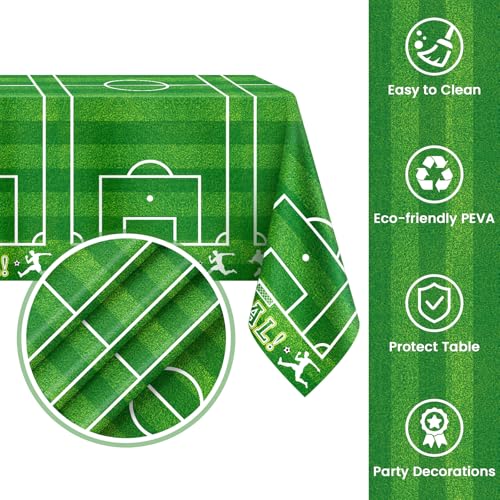 Image of Mulbozy 4 Pcs Soccer Tablecloths Disposable, 54 x 108 Inch Soccer Party Decorations Table Cloth, Plastic Sports Table Cover for Picnic Birthday Party Supplies Decoration
