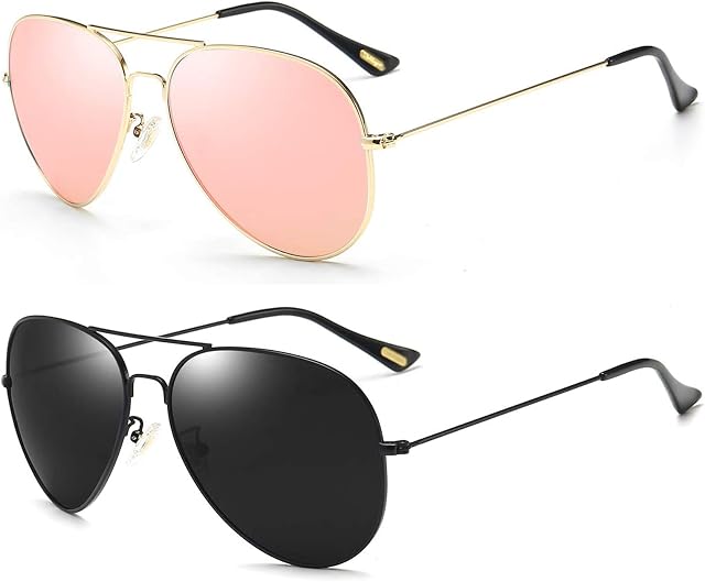 Dollger Polarised Sunglasses Pilot Set for Womens Men, UV 400 Protection Sun Glassess Women Designer Metal Frame Black & Pink