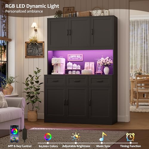 Image of HOSTACK Kitchen Pantry Storage Cabinet, Tall Kitchen Hutch Cabinet, Black | 47 inchW Food Pantry Cabinet with Smart LED / Charging Station / Countertop / 3 Large Drawers, 72 inchH Storage Hutch for Dining Room