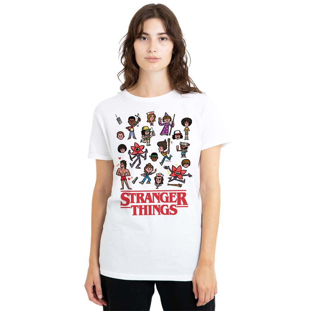 Stranger Things Cartoon Characters Ladies T Shirt, White, X-Large