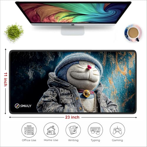 Image of Stylish Cartoon Cat Gaming Mouse Pad, Large Desk Mat 58.5 x 28 cm, Extended Washable Mousepad, Desk Pad, 2mm Thick Non-Slip Rubber Base, Stitched Edges, Smooth Surface (Multicolour)