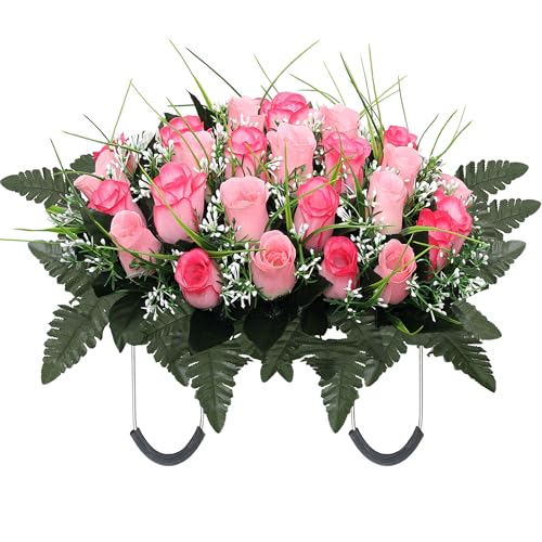 QSBOFOST Artificial Cemetery Flower Headstone Flower Saddle Grave Rose Flowers for Cemetery Non-Bleed Colors Windpoof (Pink)
