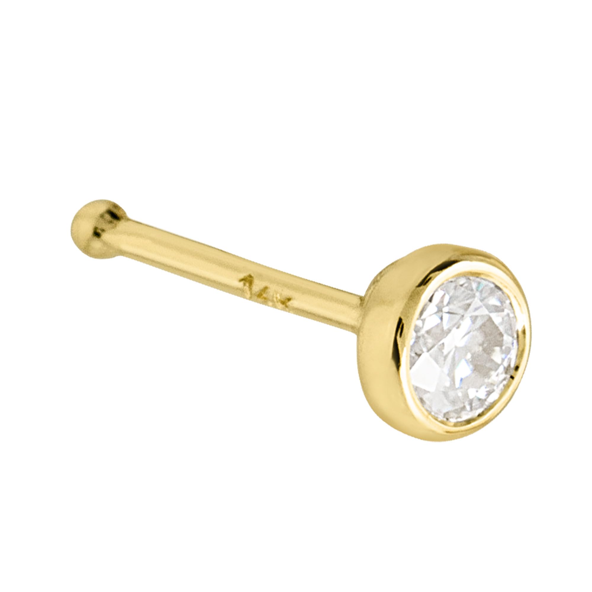 Solid 14Kt White/Yellow Gold Bezel Set Moissanite Ball-end Nose Stud - 22G Nose Bone Stud - April Birthstone Nose Ring Stud