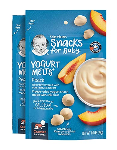 Gerber Snacks for Baby Yogurt Melts, Peach, Freeze-Dried Yogurt Snack Made with Real Yogurt & Fruit, Baby Snack for Crawlers, 1.0-Ounce Pouch (Pack of 2)
