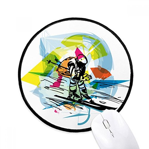 ウィンタースポーツのフリースタイルスキーのイラスト ラウンド・ノンスリップ・マウスパッド・ブラックtitched端ゲームオフィス贈り物