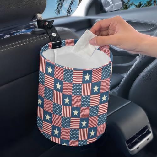 Image of American Flag Star Print Hanging Portable Car Trash Can Waste Basket Car Accessories Interior Collapsible for Men and Women Easy to Install