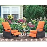 ATR ART TO REAL Outdoor Recliner, Set of 2 Wicker Reclining Chair with Coffee End Side Table, Aluminum Frame Patio Chaise Lounge Chairs with Thicken Cushions (Orange)