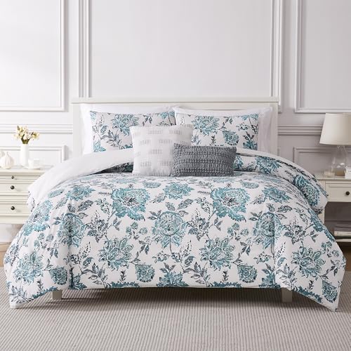 Image of Modern Threads 5-Piece Printed Comforter Set, Athenas Queen in White and Teal - Soft Comforter, 2 Pillow Shams, and 2 Decorative Pillows