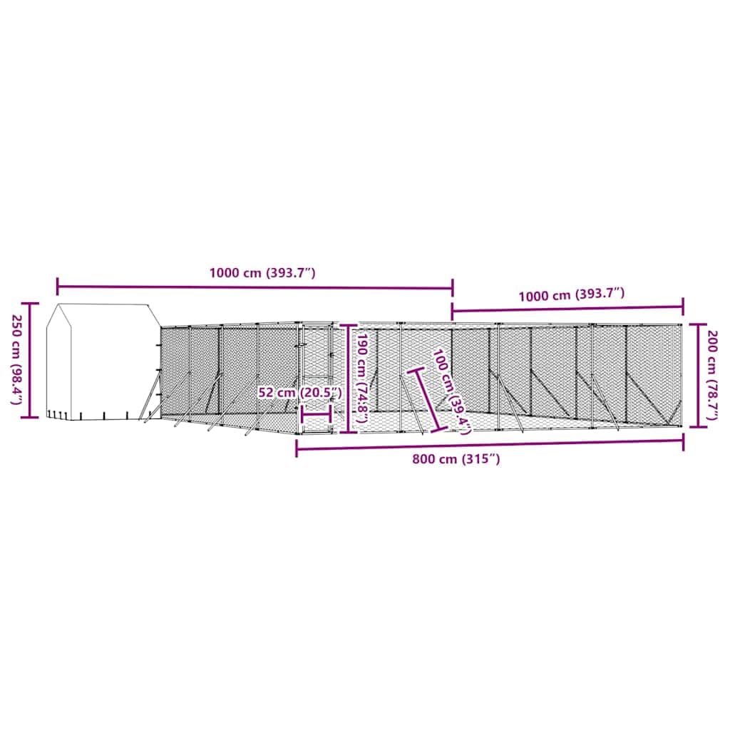 Cuccia per cani con tetto in acciaio zincato argentato, 10 x 10 x 2,5 m, grande recinto per cani e piccoli animali, protezione sicura per giardino, terrazza, casa