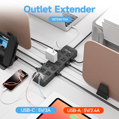 Image of Power Strip Surge Protector Flat Plug with 20 AC Outlets 6 USB Chagring Ports, 1875W /15A, 2700J, 15 Feet Heavy Duty Extension Cord for Home, Office, Dorm, Gaming,ETL Listed (Black, 15FT)