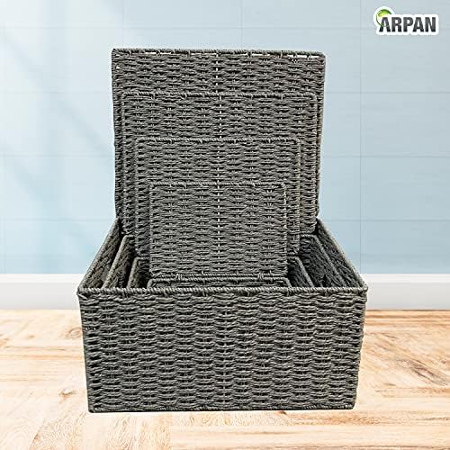 Arpan Set Of 4 Paper Rope Storage Hamper Basket With Lid - Including Xlarge,Large,Medium,Small (Grey)