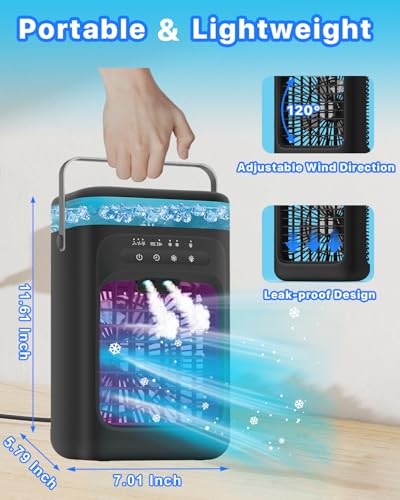 Portable Air Conditioner, 4-in-1 Evaporative Air Cooler, Personal Cooling Fan with 3 Speeds, 2 Mist Modes, 7 LED Night Light, 2-4H Timer, Quiet Mini Air Cooler for Bedroom Office C image 8