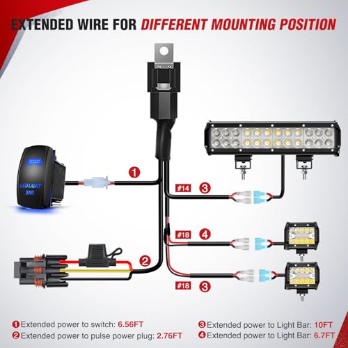 Image of Nilight 14AWG 18AWG LED Light Bar Wiring Harness Kit with Pulse Power Plug Connector 12V On Off 5Pin Rocker Switch Relay Fuse for Polaris RZR General Ranger Pulse Bus bar - 3 Leads Blue