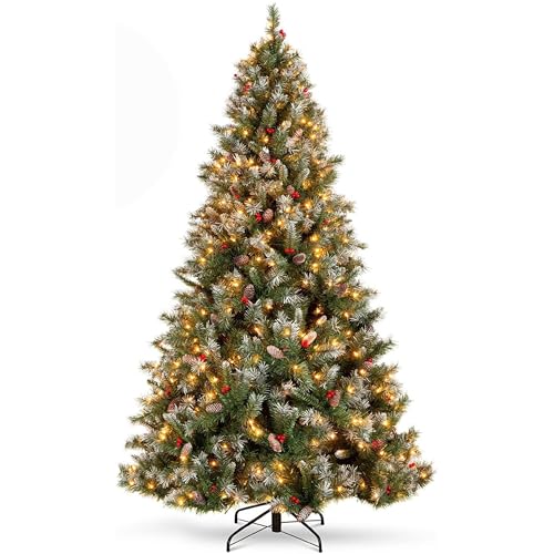 Asinse Artificial Christmas Tree Pre Lit Xmas Tree 350 LED Luxury Higned Tree 1000 Tips with 50 Berries and 50 Pine Cones, Home Holiday Party Decorations (6FT/180CM)