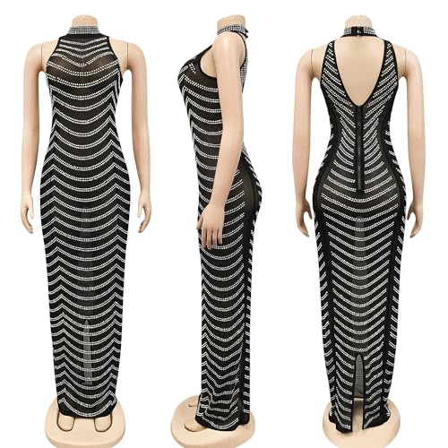 Image of Jigfar Women's Sexy Elegant Rhinestone Embellished Velvet Party Club Night Bodycon Formal Evening Maxi Dress