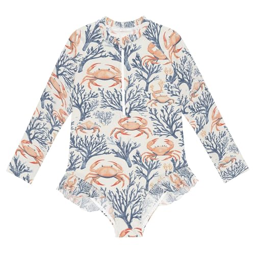 ALAZA Crab Coral Reef Red Blue Girls One Piece Swimsuit Long Sleeve Rashguard Swimsuit UV 50+ Swimwear Zip