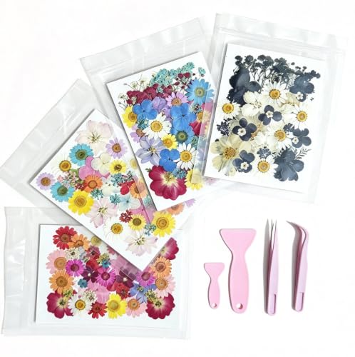 Tessera 160+ Pcs Real Pressed Flowers for Resin & Crafts - 4 Themed Dried Flower Sheets with 4-Piece DIY Tool Kit - for Resin Jewelry Making Scrapbooking Supplies Nail Art Candle & DIY Gifts