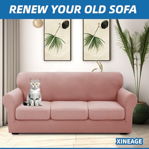 XINEAGE New 4 Pieces Couch Covers for 3 Cushion Couch Super Stretch Thick Soft Sofa Cover Anti Slip Sofa Slipcover Dogs Cats Furniture Protector (Dusty Pink, 71"-91")