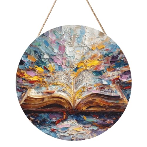 Vextrovia Bold Color Palette Oil Painting Wooden Sign, Abstract Open Book Texture Wall Art Door Hanging Decoration For Study Room Living Room, Vibrant Brushstroke Wall Decor Pendant 12x12 Inch