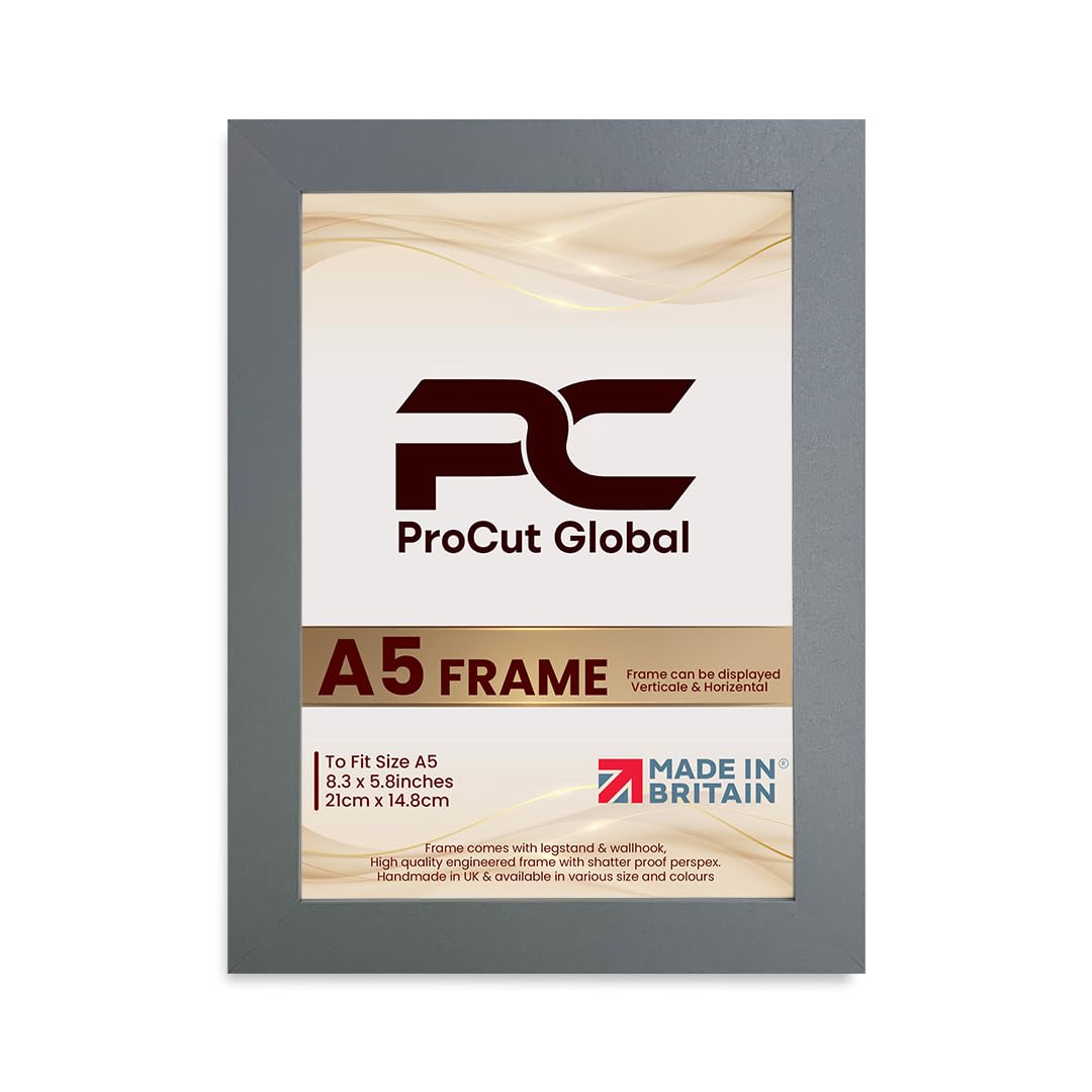 Dark Grey Procut Global Picture Frames A5 - Modern A5 Frames With Safe Perspex Front & Wall Hanging Hooks - Premium Synthetic Wood-Handmade Frames