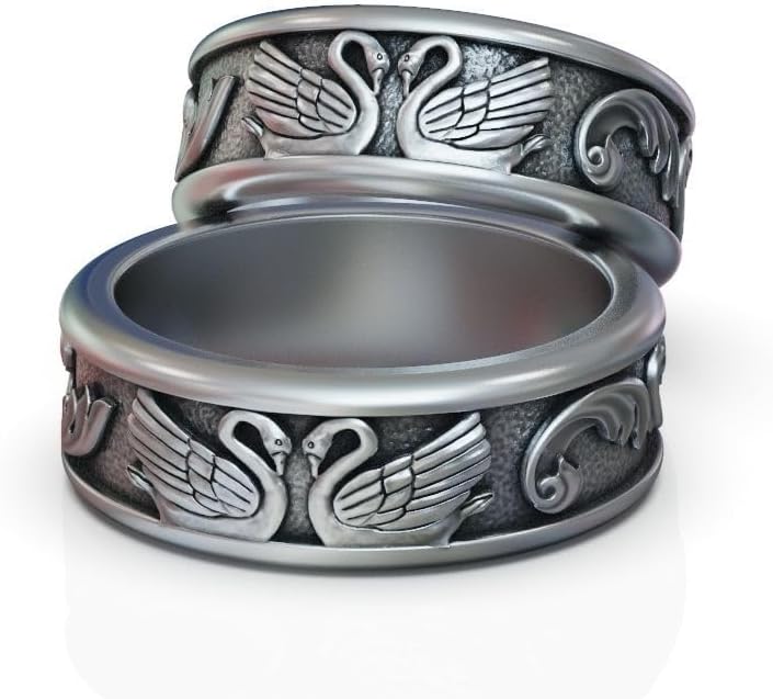 Elegant Animal Inspired Dual Swan Bird Couples Wedding Band Pair Classic Symbol Of Love Swan Bird Modern Lovers Engagement Ring Oxidized 925 Sterling Silver Handmade Love Swans Jewelry