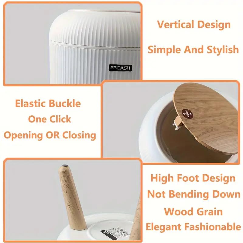 Image of ZENOVIA Modern Floor-Standing Dustbin with Legs | Push-Button Lid | White Ribbed Plastic Waste Bin for Bedroom, Living Room & Kitchen | Large Capacity Decorative Trash Can | Push-Button Lid, Ribbed Plastic, Odour-Free, Decorative Design
