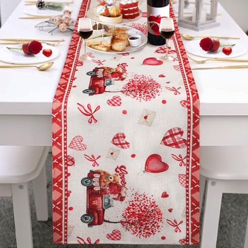 Bigqin Chemin de Table de Cœurs, 180 x 30 cm Chemin de Table en Lin Rouge Lavable pour Table à Manger, la Saint-Valentin, Les Mariages, la Fête des Mères...