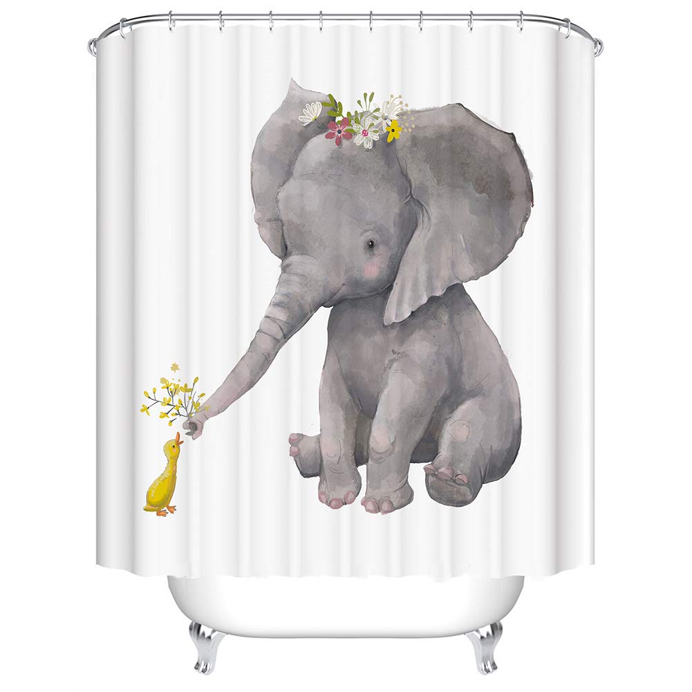 BOYOUTH Watercolors Elephant and Duck Pattern Digital Print Shower Curtains for Bathroom Decor,Polyester Waterproof Fabric Bath Curtain with 12 Hooks,70x70 Inches,Multicolor