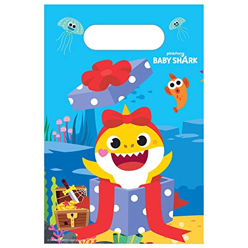 amscan 9908479 – Sacos de festa Baby Shark, 8 unidades, tamanho aprox. 23,4 x 16,2 cm, multicolorido, sacos de presente de papel com design de tubarão e alça, para presentes ou aniversários