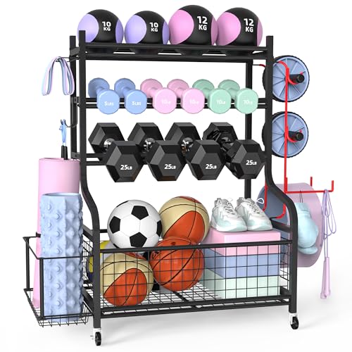 ZACHVO Hantelständer, Multifunktionaler Kurzhantelständer für Hanteln, Yoga Matte, Faszienrolle, Kettlebell und Yoga Block, Dumbbells Regal für Home Gym mit 4 Rädern und 8 Haken