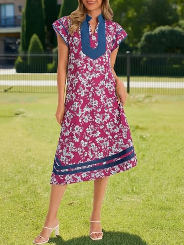 Image of Wenrine Womens Summer Floral Maxi Dress Casual Short Cap Sleeve V Neck Color Block Side Slit Loose Boho Beach Dresses